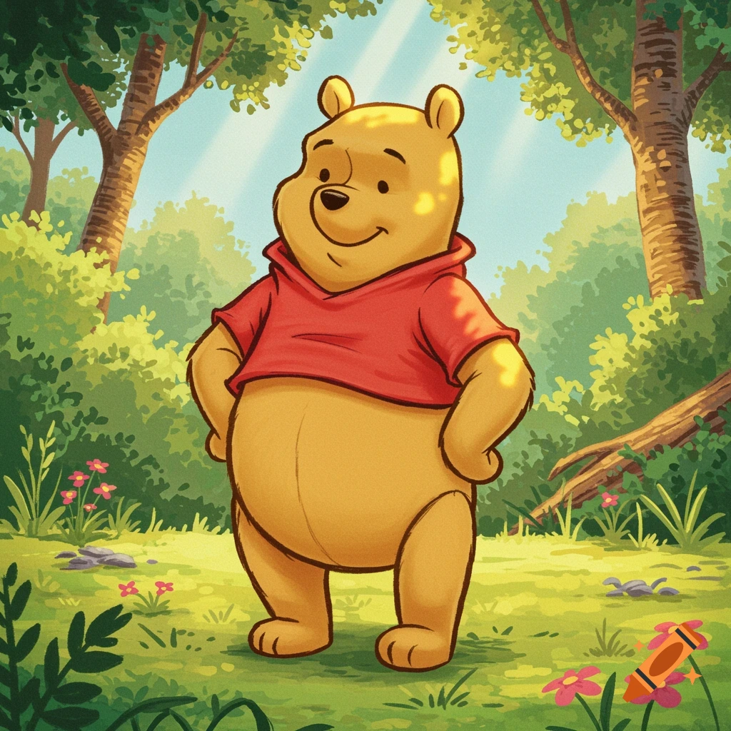 Illustration of Winnie the Pooh standing in a sunny forest