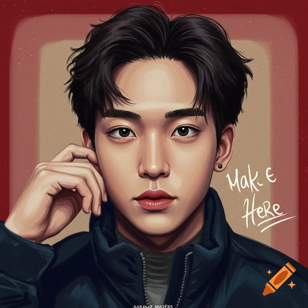 Portrait of a man with hand near face, text Mak. E Here