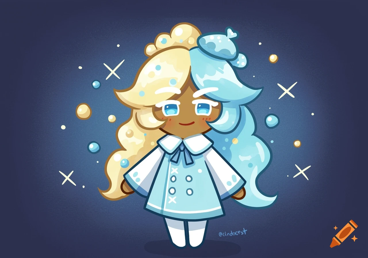 Cartoon character with split blonde and blue hair in a blue dress, on a dark blue background with bubbles.
