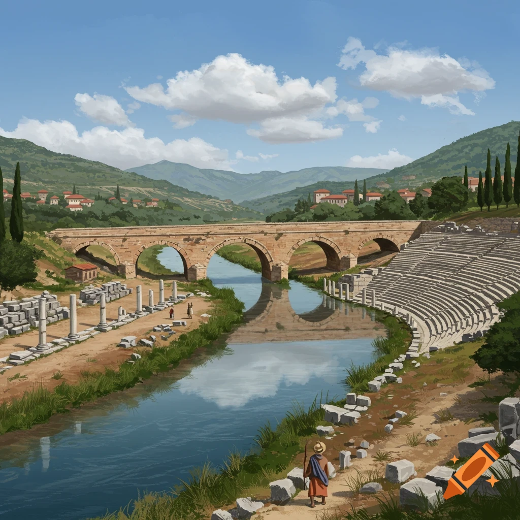 Ancient Roman ruins including a bridge over a river, a theater, and columns in a hilly landscape.