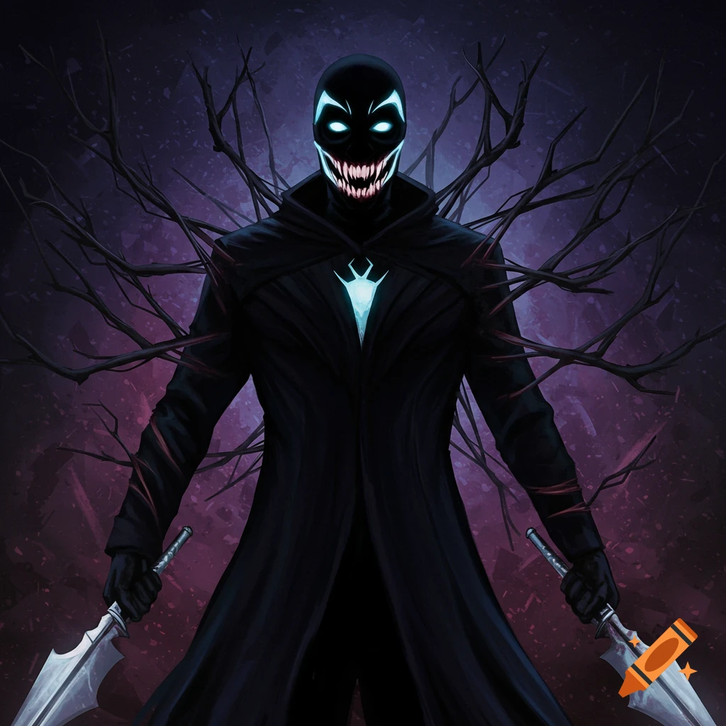 A dark hooded figure with glowing eyes, sharp teeth, and shadowy branches, holding swords.