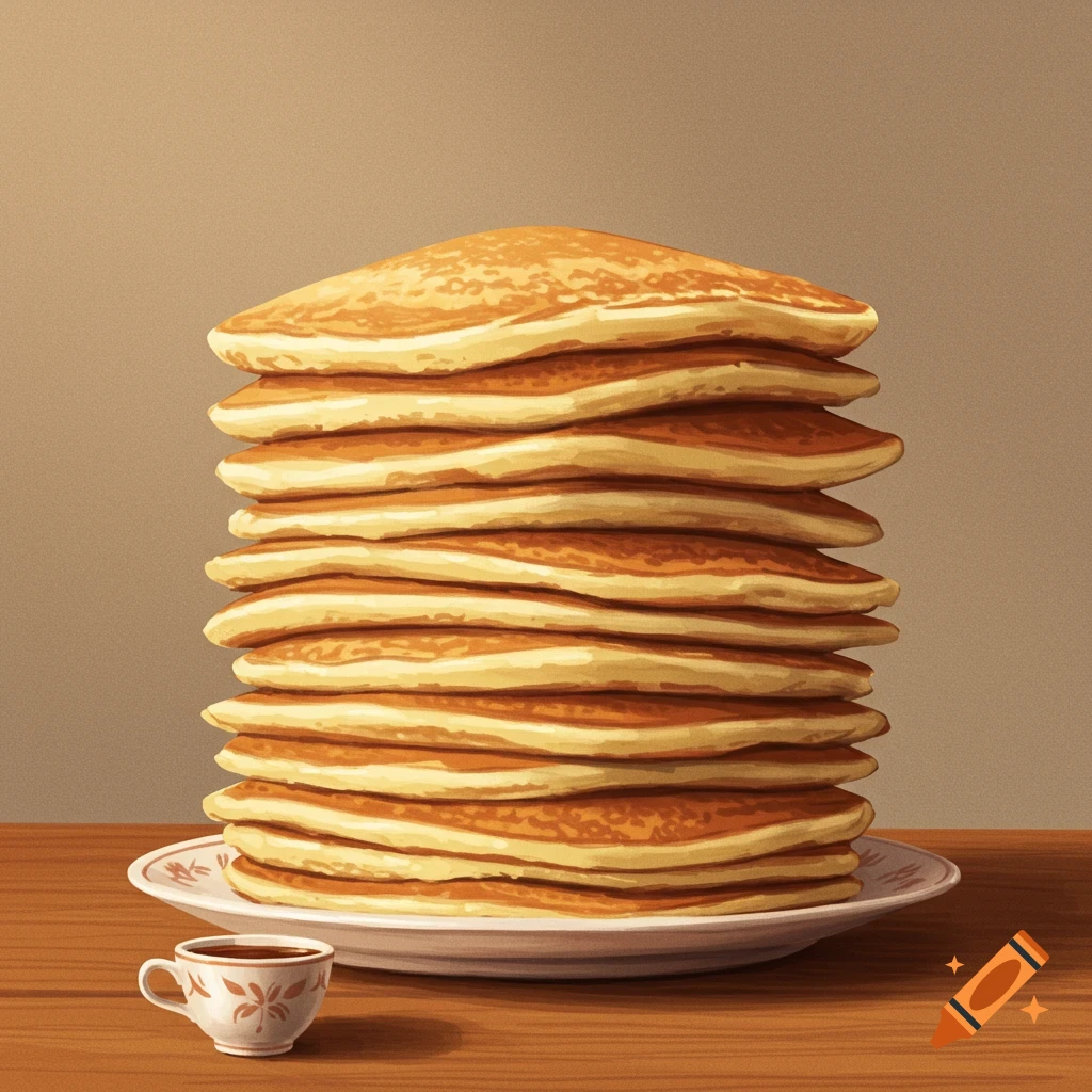 A tall stack of pancakes on a plate next to a small cup.