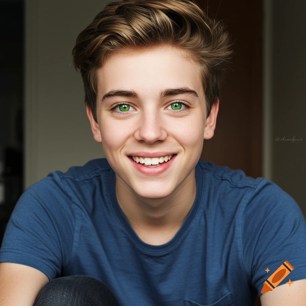 A photorealistic portrait of a young person with bright green eyes smiling