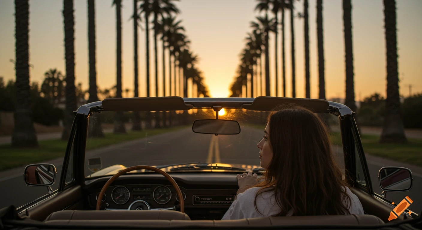 A woman drives a vintage convertible down a palm tree-lined road into the sunset.