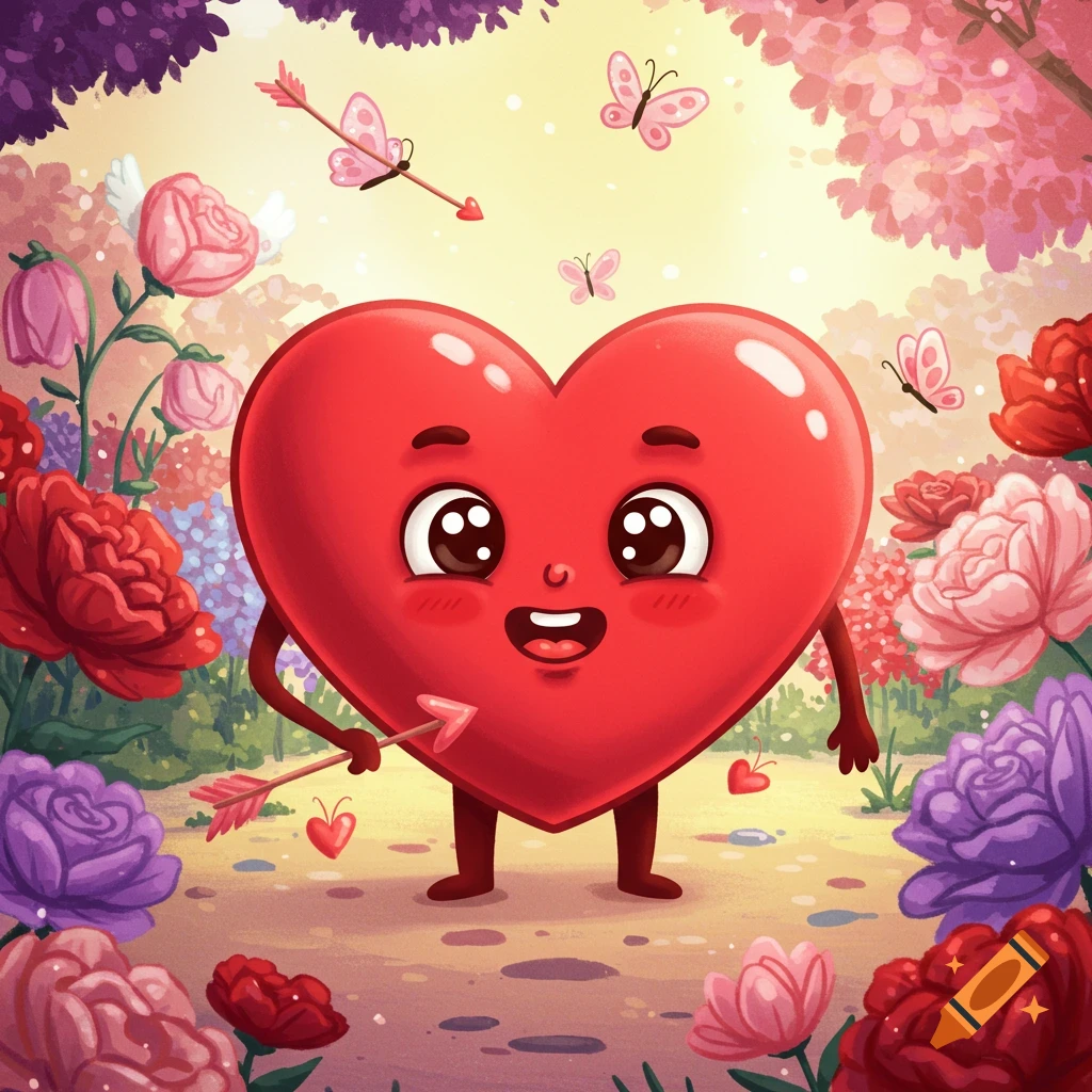 Cartoon heart character standing among flowers and butterflies with a cupid's arrow.