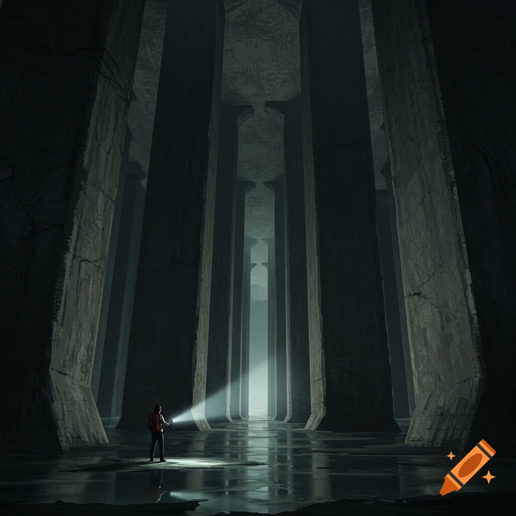 Person with flashlight explores a vast, dark subterranean hall with colossal pillars and flooded floor.
