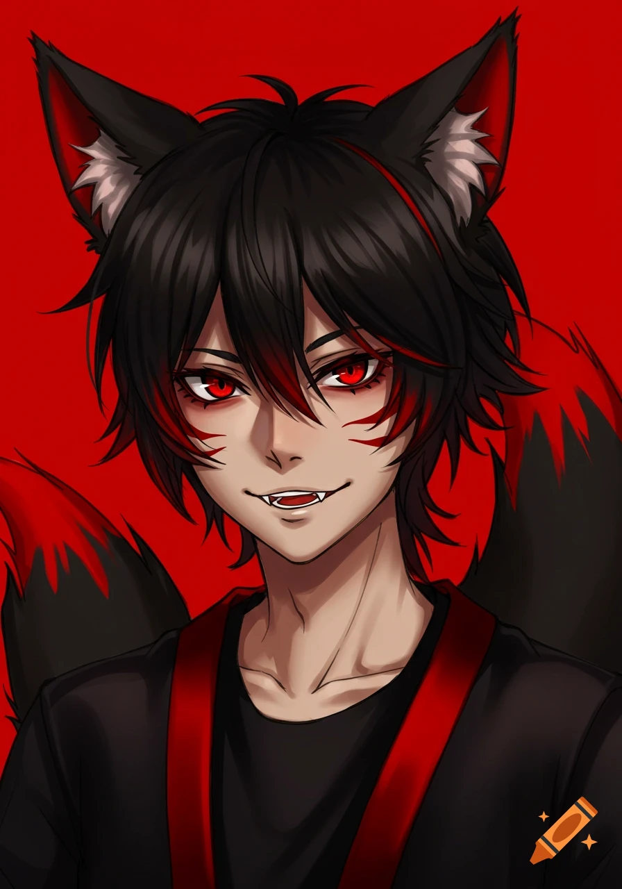 Anime portrait of a boy with fox ears, red eyes, fangs, and black and red hair on a red background.