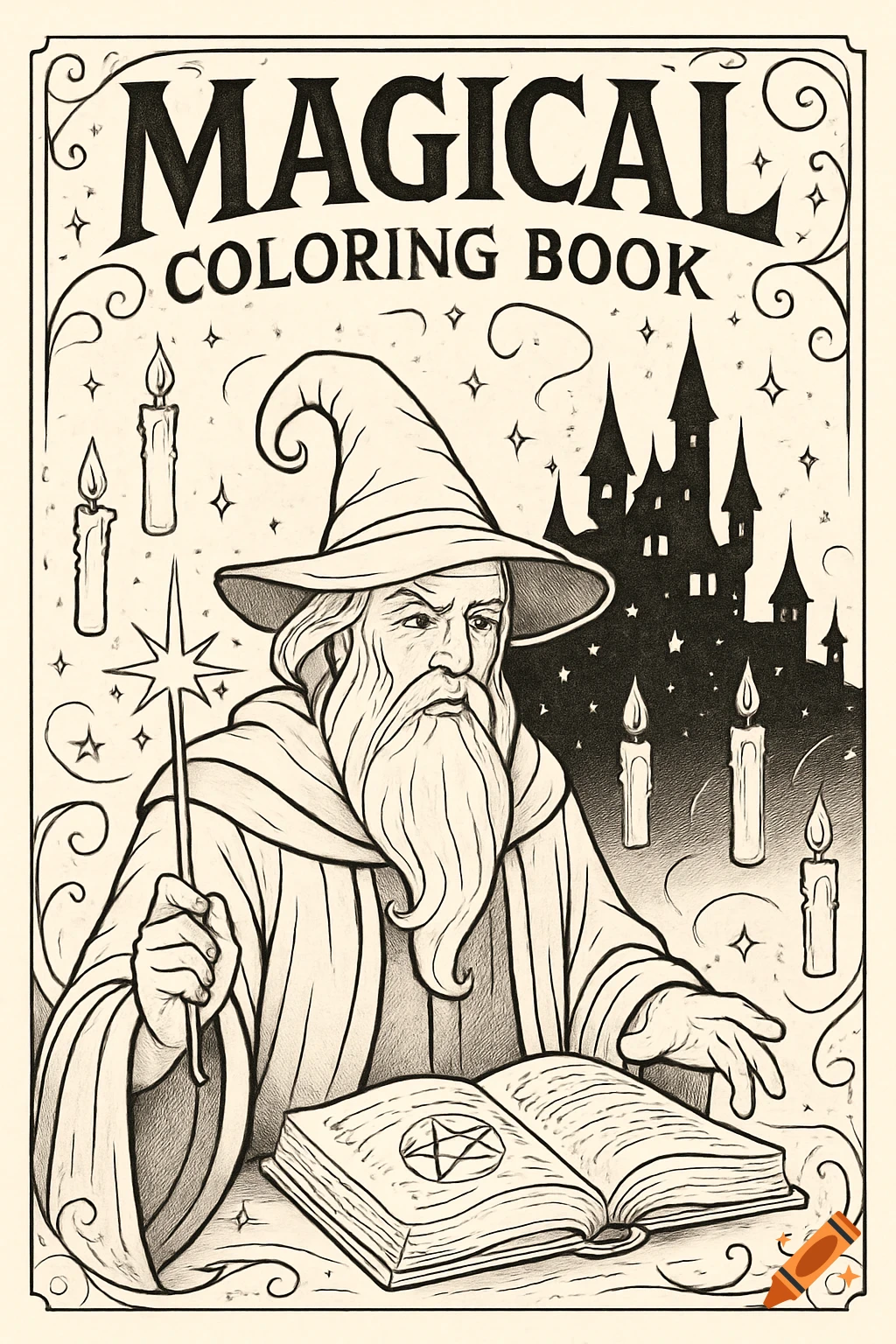 Black and white coloring book cover illustration of a wizard with a wand and spellbook, surrounded by candles and a castle.