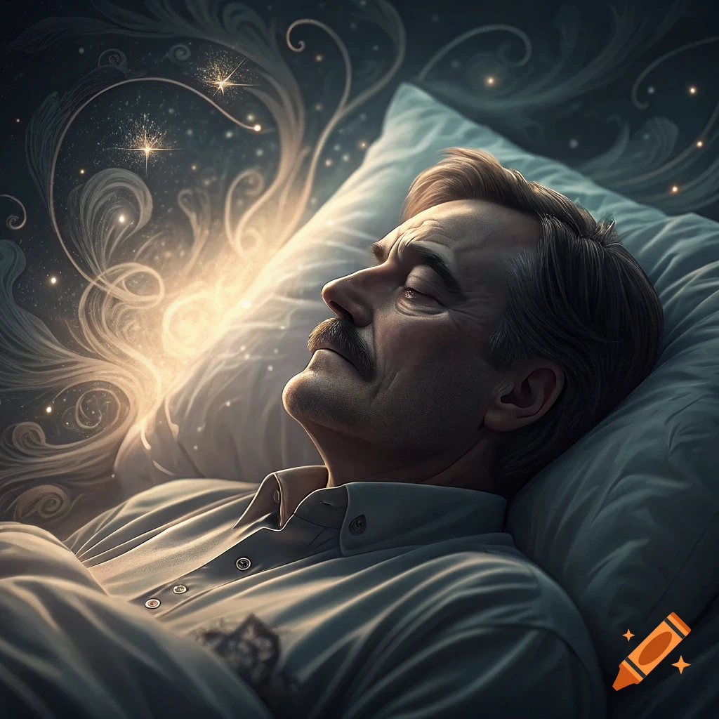 Man with mustache sleeping in bed with glowing, swirling patterns around his head, suggesting a dream. Detailed style.