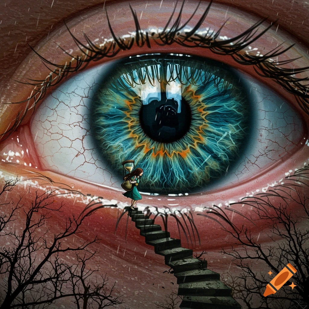 A small girl with an hourglass climbs crumbling stairs towards a giant eye under a rainy sky.