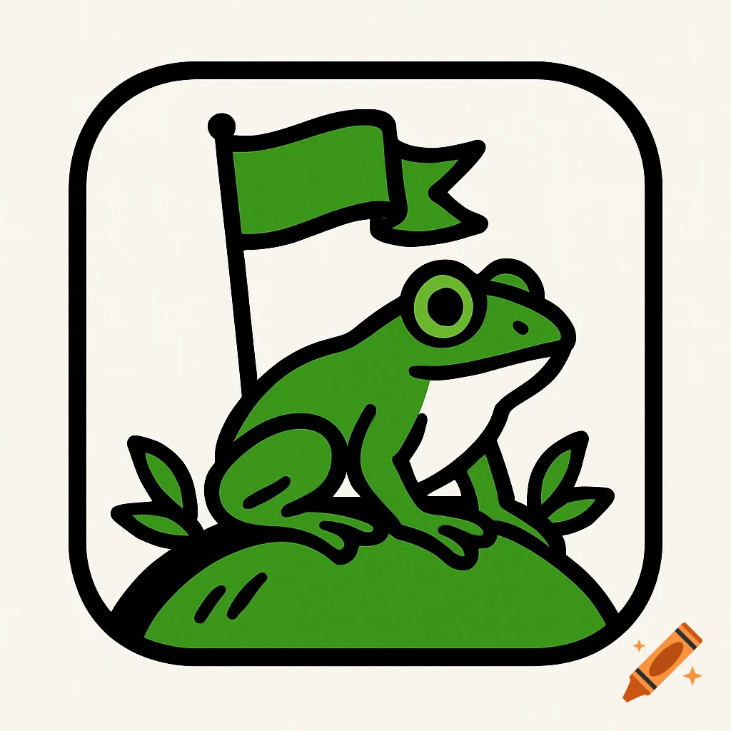 A cartoon frog sits on a hill next to a green flag, in a logo style illustration.