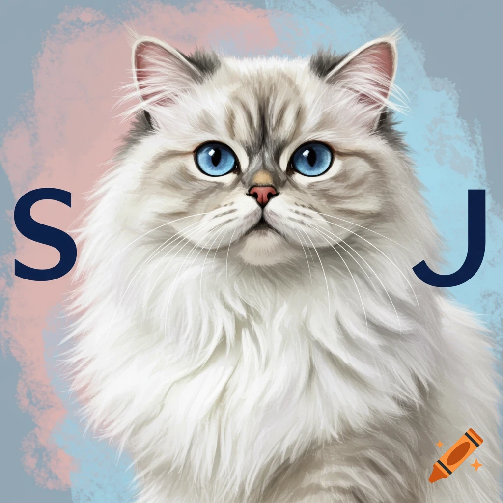 A fluffy white cat with blue eyes is pictured.  The letters S and J are included.