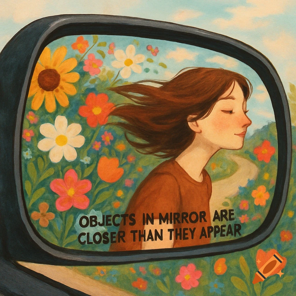 Whimsical painting of a girl with windblown hair reflected in a car mirror surrounded by flowers, with the text 'Objects in mirror are closer than they appear'.