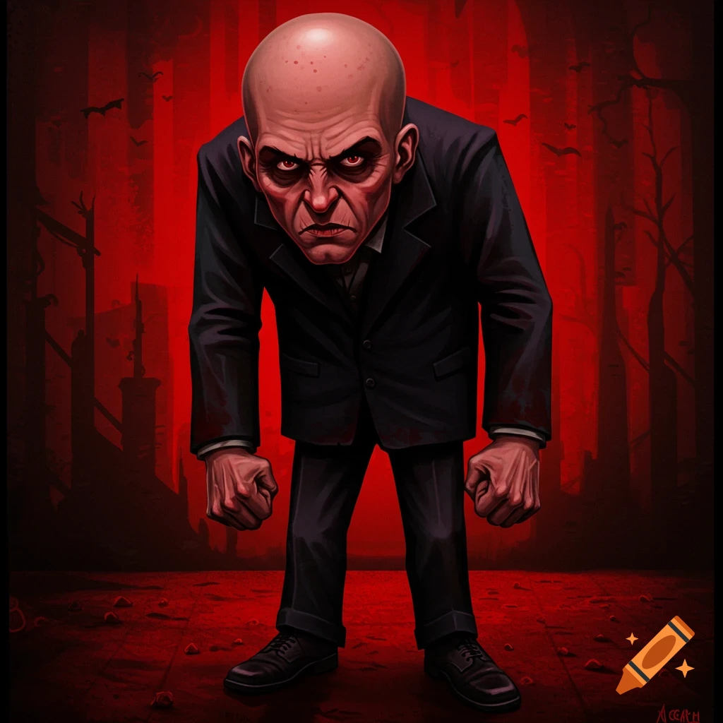 An angry bald man in a suit stands in a spooky red forest.