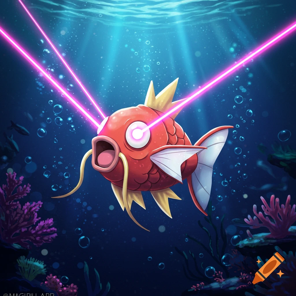 A red Magikarp fish underwater shooting pink lasers from its eyes.