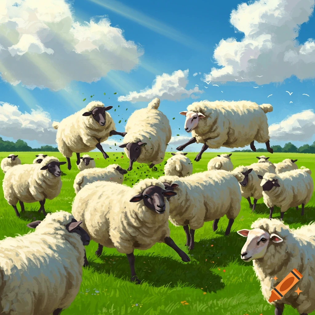 Sheep jumping and bumping into each other in a sunny green field under a blue sky.