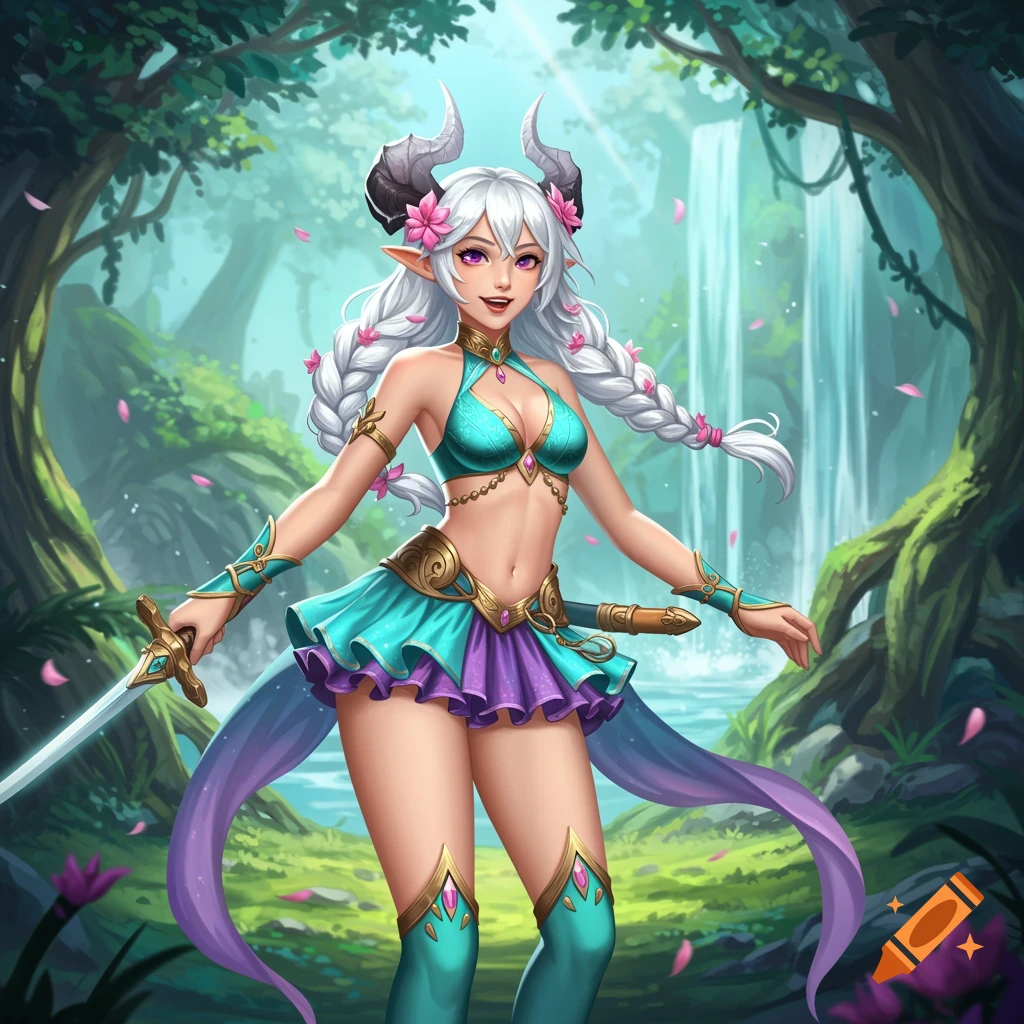 Fantasy illustration of a demon girl with white horns and sword in a forest.