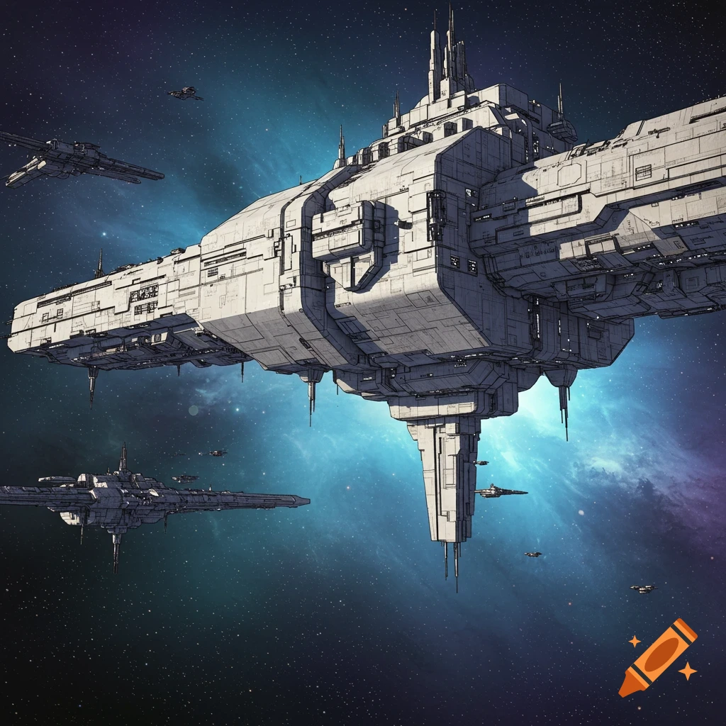 A large futuristic spaceship flies through a nebula.