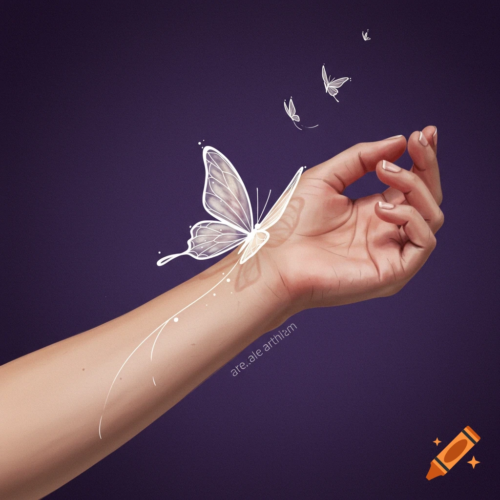 A hand with white illustrated butterflies taking flight from the wrist, against a purple background.