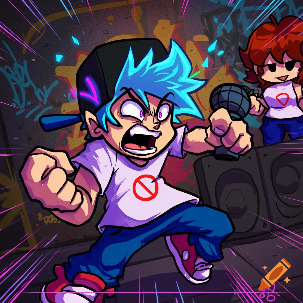 Boyfriend from FNF rapping aggressively with a microphone, with Girlfriend behind him, in a dynamic cartoon style.