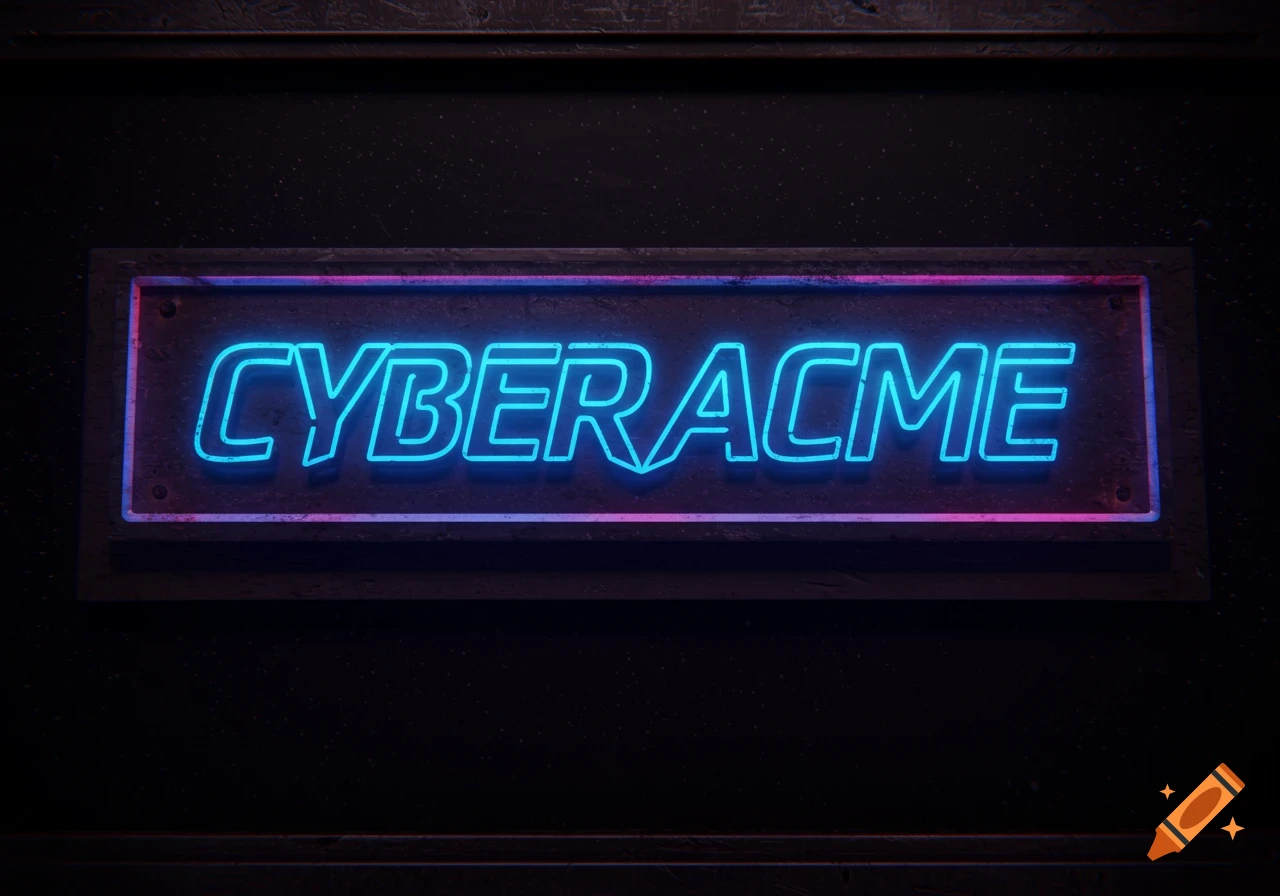 A blue and pink neon sign displaying 'CYBERACME' on a dark wall.