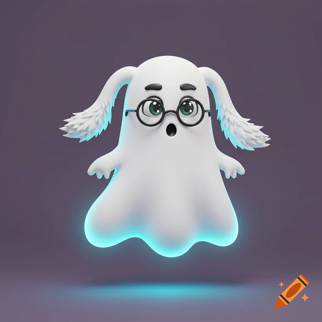 Cartoon ghost with glasses and fluffy ears, floating with blue glow.