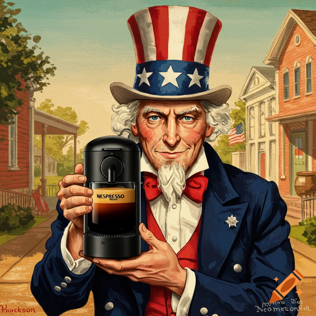 Uncle Sam in a town square holding a Nespresso coffee machine.