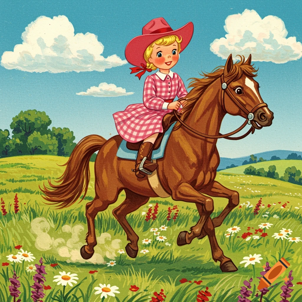 A cheerful young girl in a pink gingham dress and hat rides a brown horse through a field of flowers in a 1950s children's book illustration style.