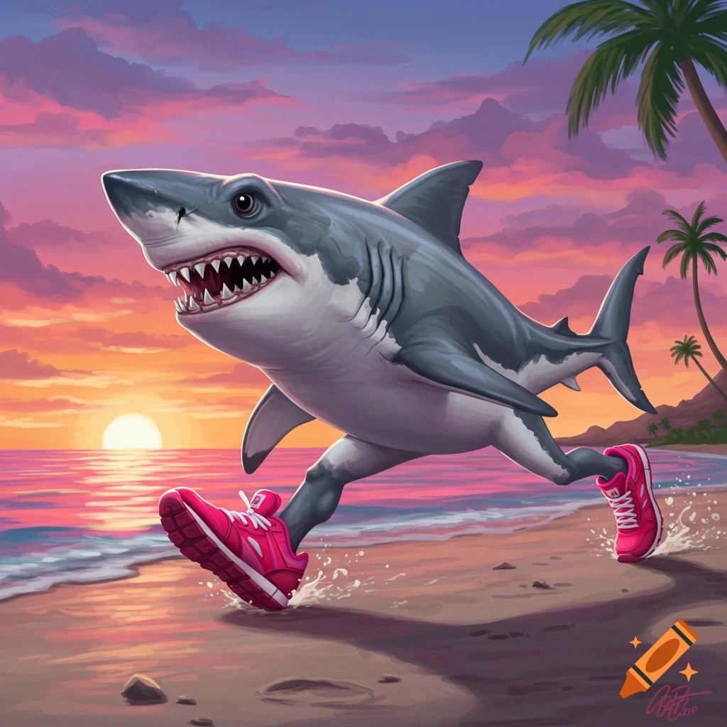 Cartoonish shark running on a beach at sunset wearing pink sneakers.