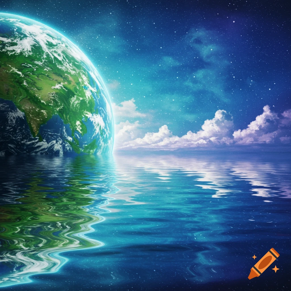 Earth reflected in water with a starry sky and clouds