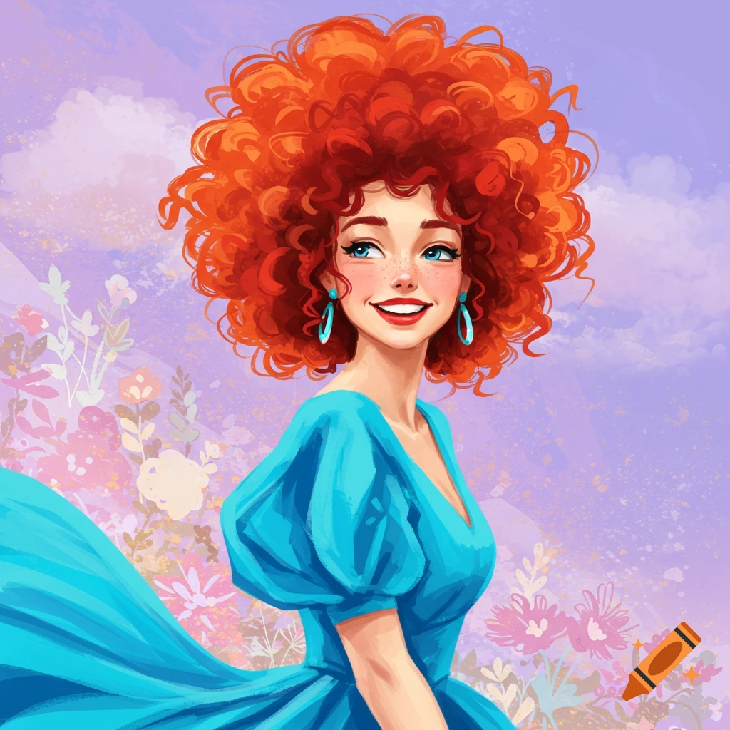 A smiling woman with large red curly hair in a blue dress in a floral garden.