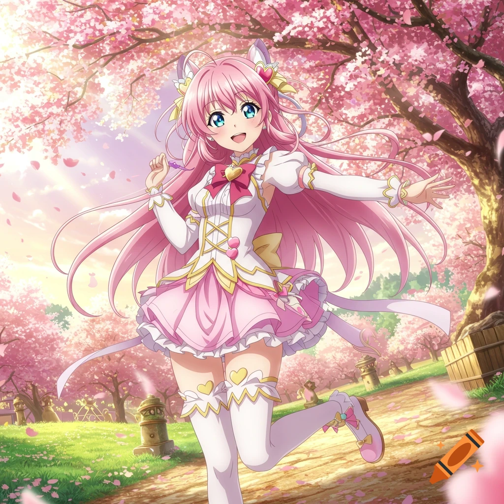 Anime girl with pink hair and blue eyes running through a park with blooming cherry trees.