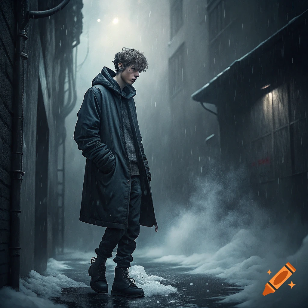 Person in a long coat stands in a dark, rainy, snowy alleyway