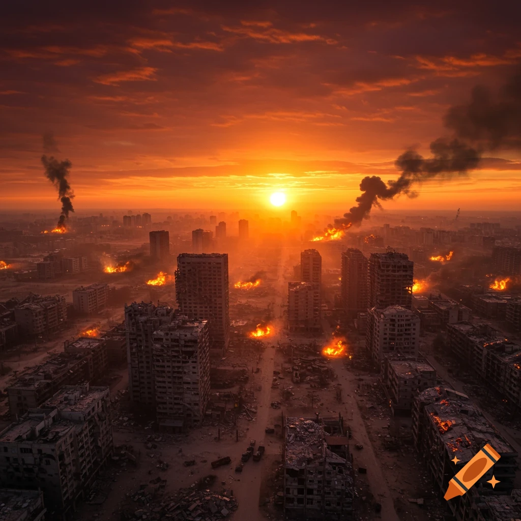 Aerial view of a destroyed, burning city at sunset with smoke rising from buildings.