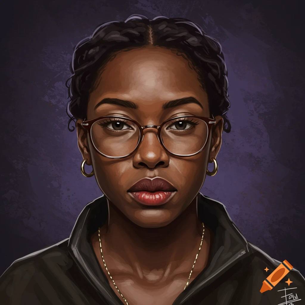 A portrait of a woman wearing glasses and hoop earrings.