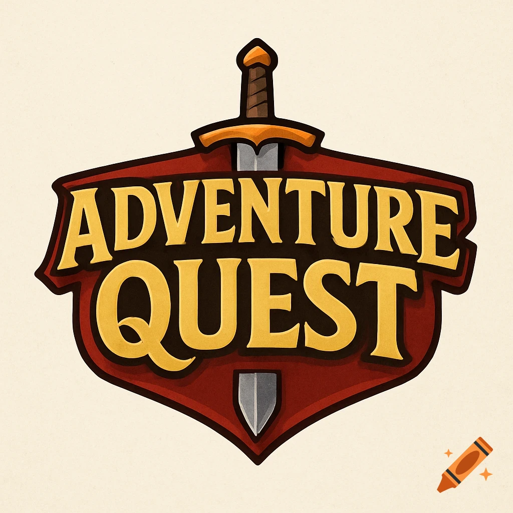 Logo for Adventure Quest game, featuring a sword over a red and gold shield.