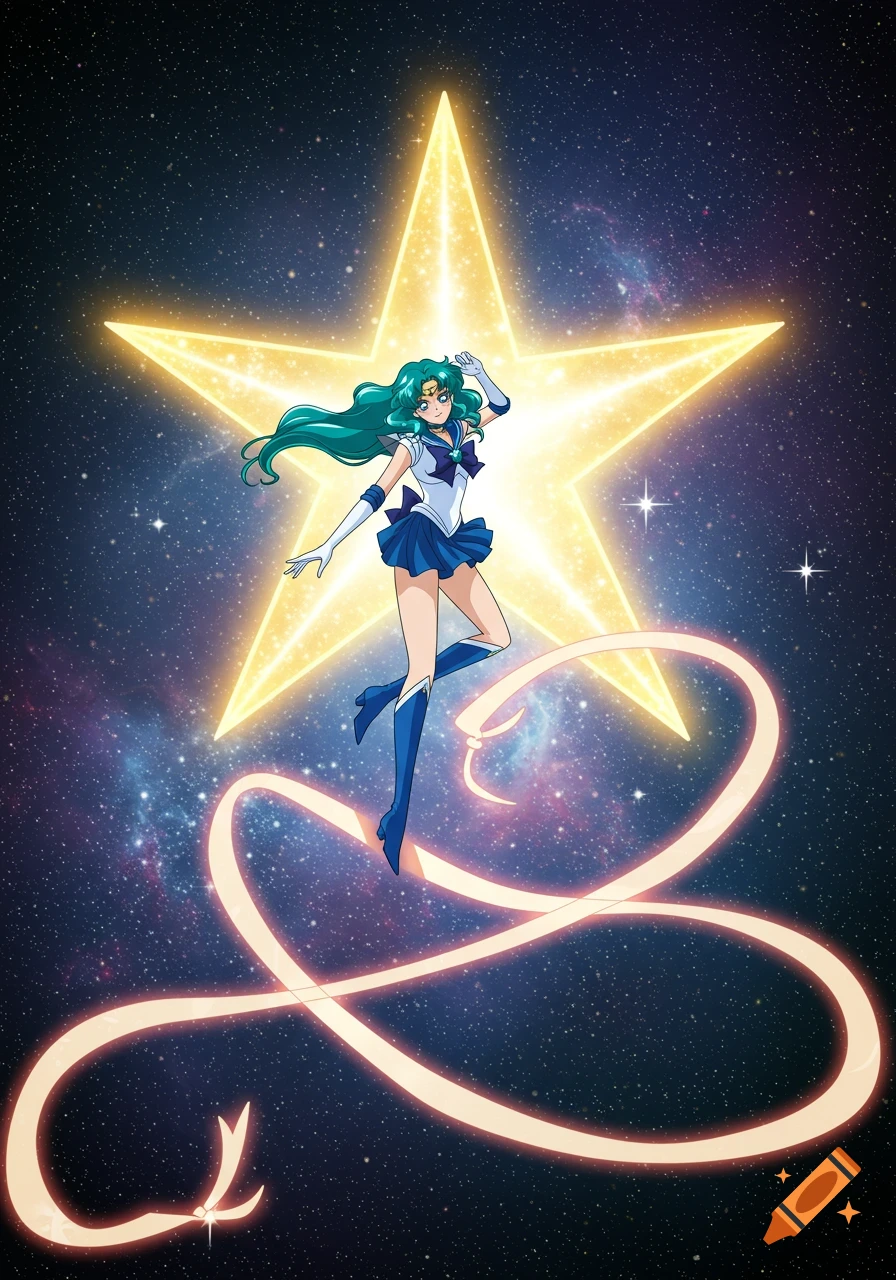 Anime character in a blue and white outfit in space with a large glowing star