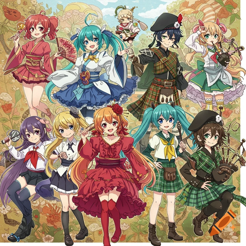 Multiple anime characters in various cultural costumes