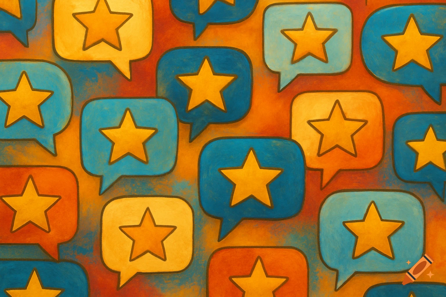 A pattern of colorful speech bubbles, each containing a yellow star.