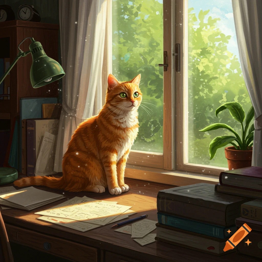 An orange tabby cat sits on a desk by a sunlit window.
