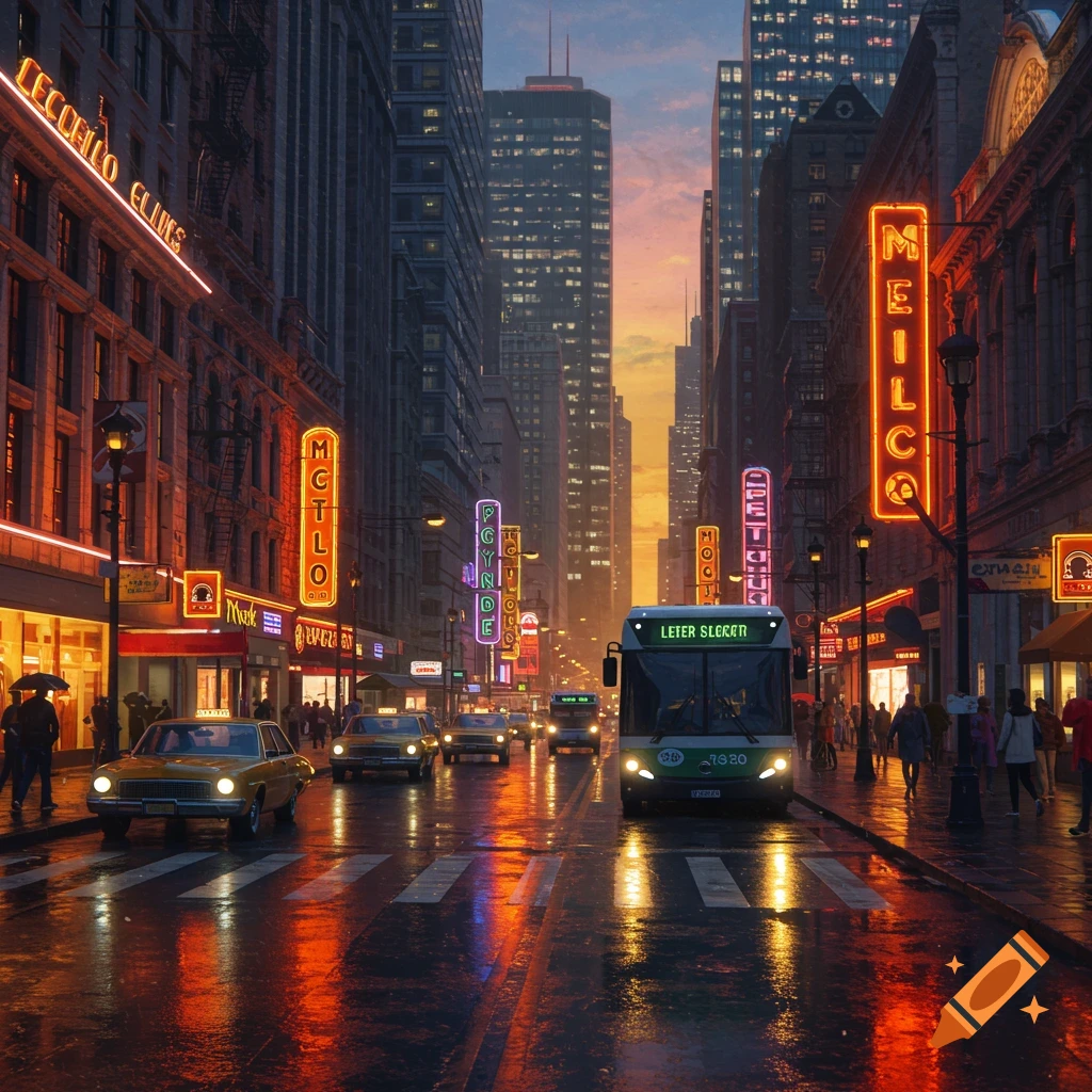 A rainy city street at night with neon signs and traffic.