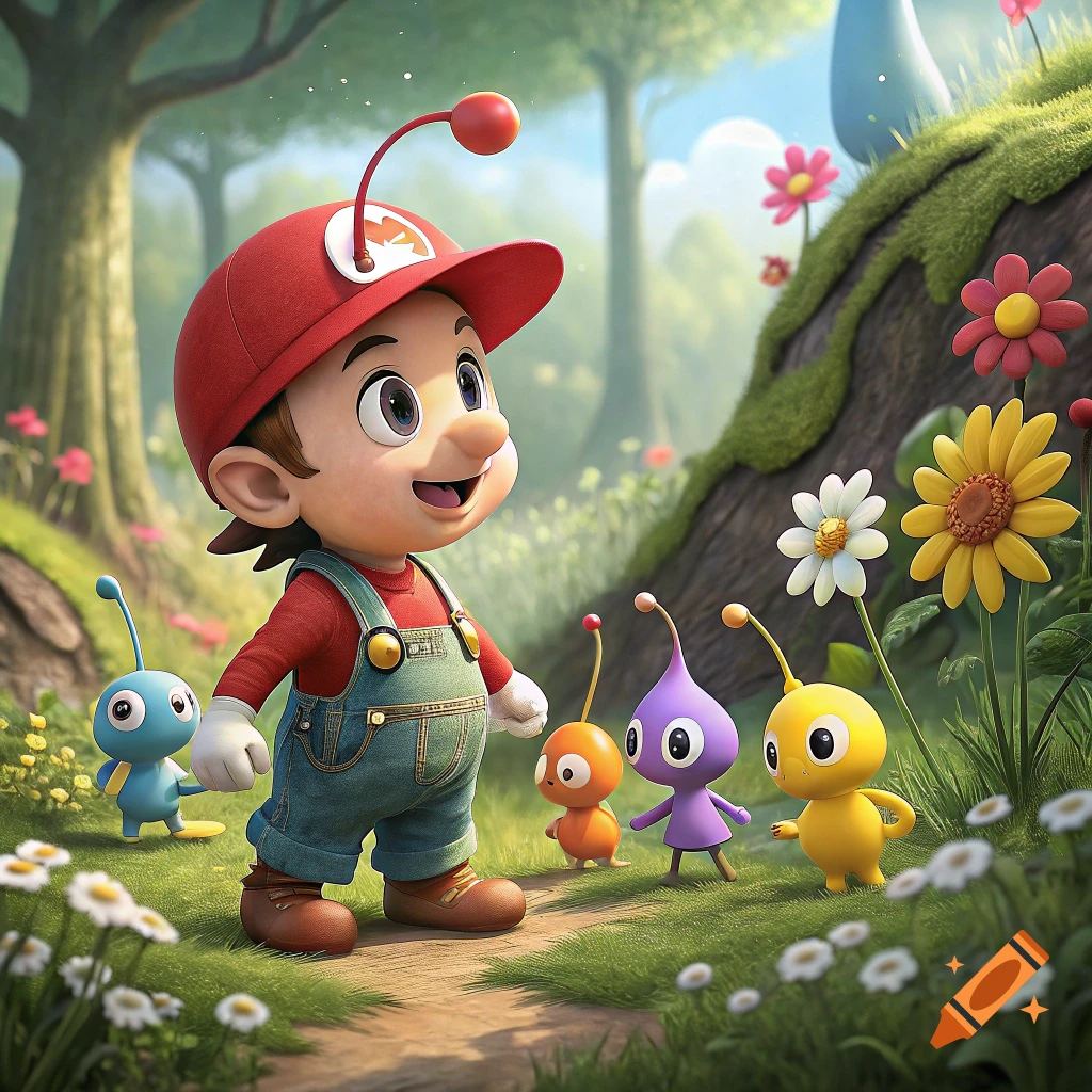 Cartoon boy in red hat and overalls with alien creatures in a garden