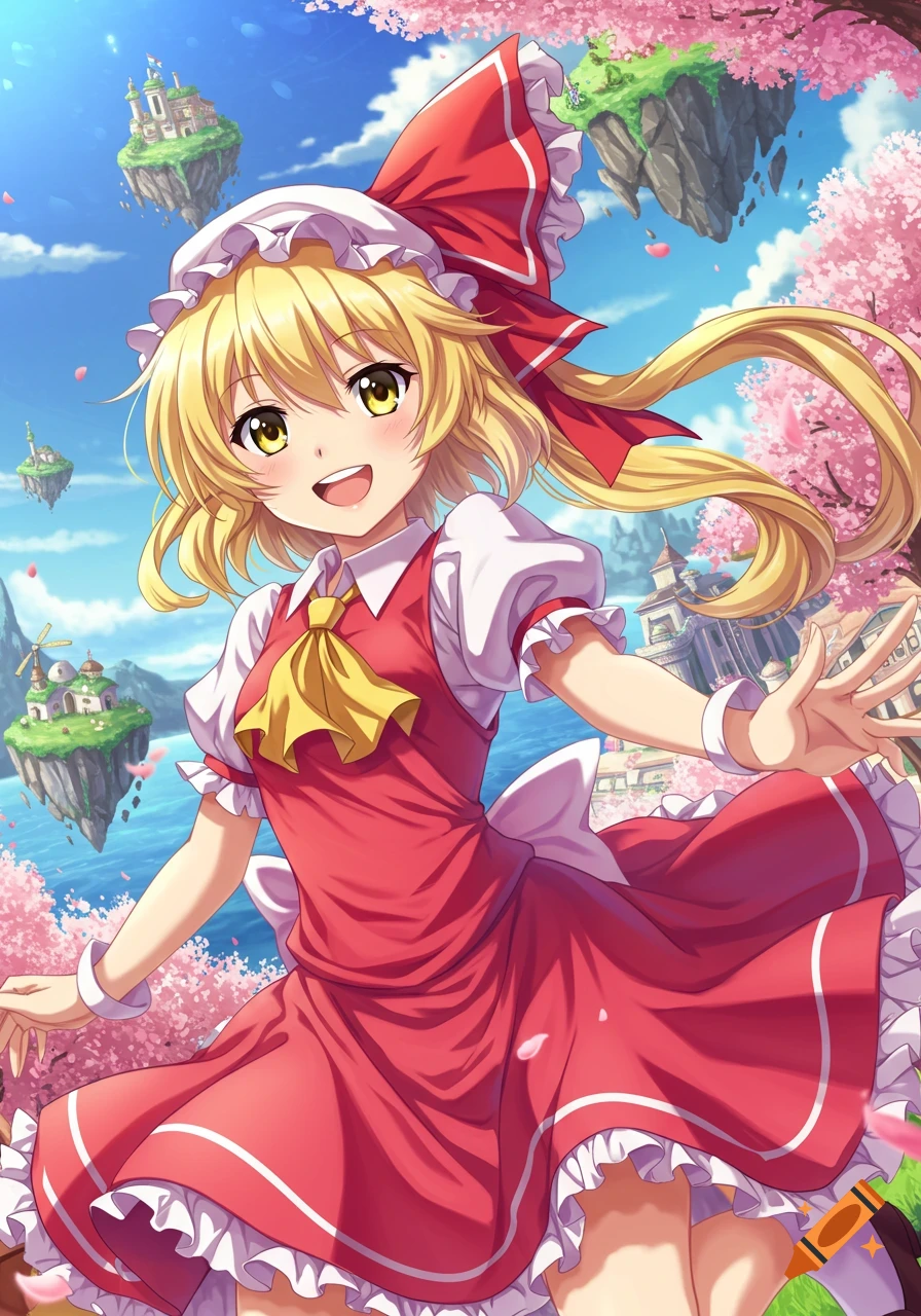 Anime girl with blonde hair and red dress in a fantasy landscape with floating islands and cherry blossoms.