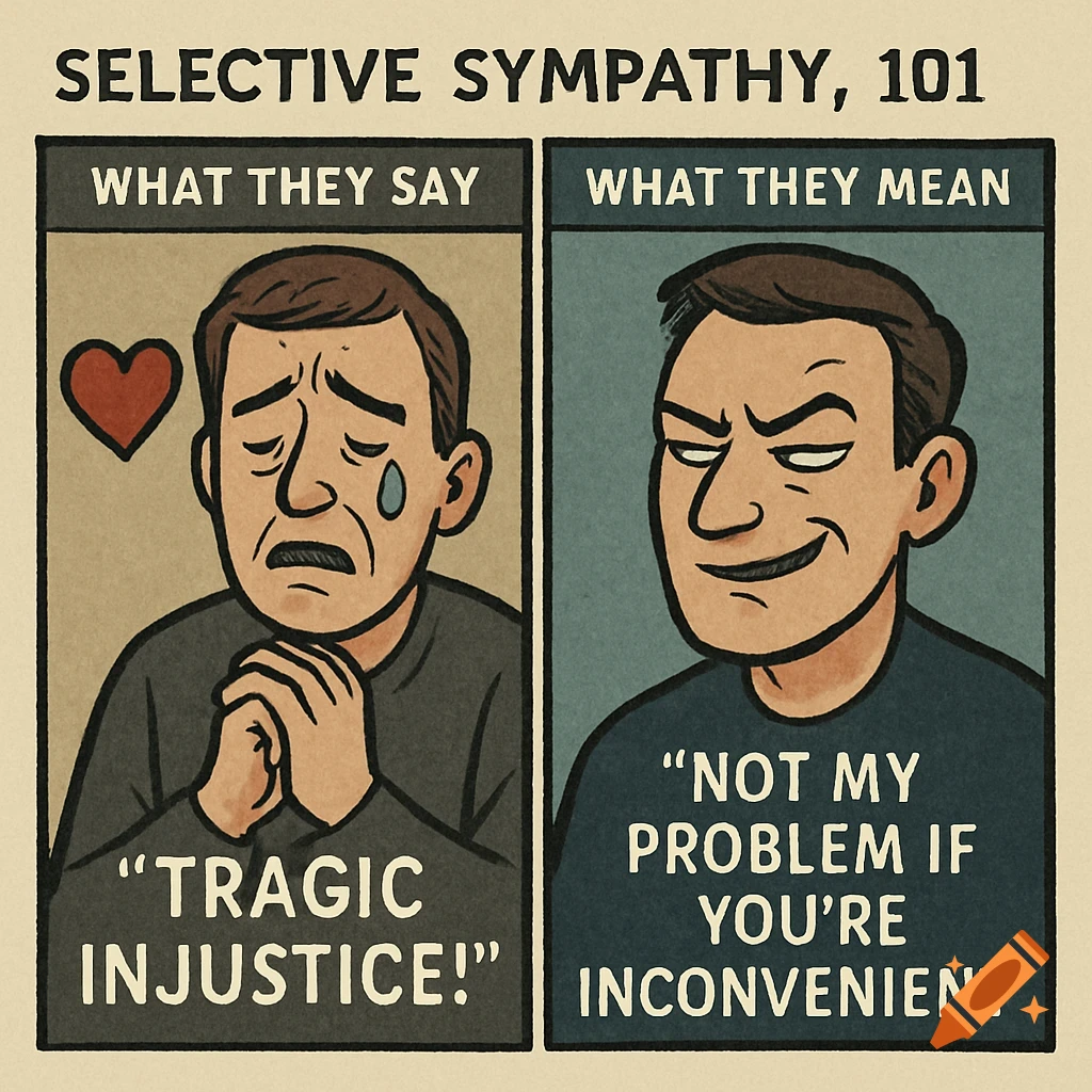 Cartoon illustration meme titled 'Selective Sympathy, 101'. Left: crying man says 'Tragic injustice!'. Right: smirking man says 'Not my problem if you're inconvenient'.