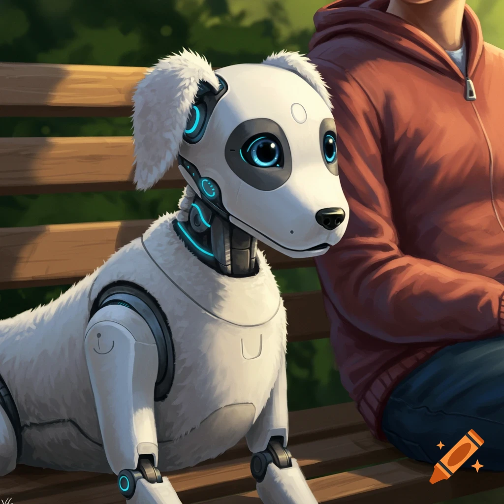 A robot dog sitting on a park bench next to a person.