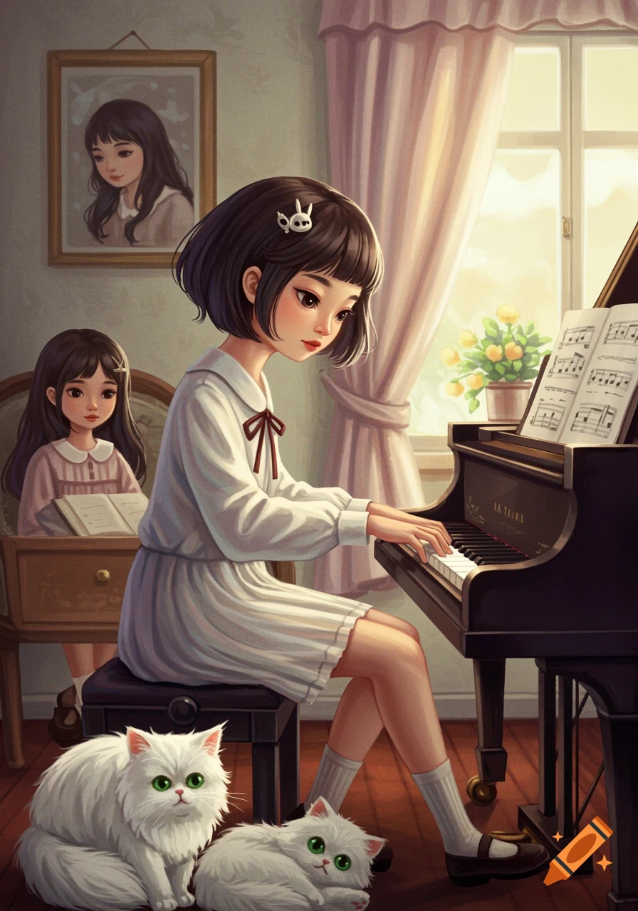 An anime girl plays the piano while another girl watches. Two white cats rest nearby in a sunlit room.