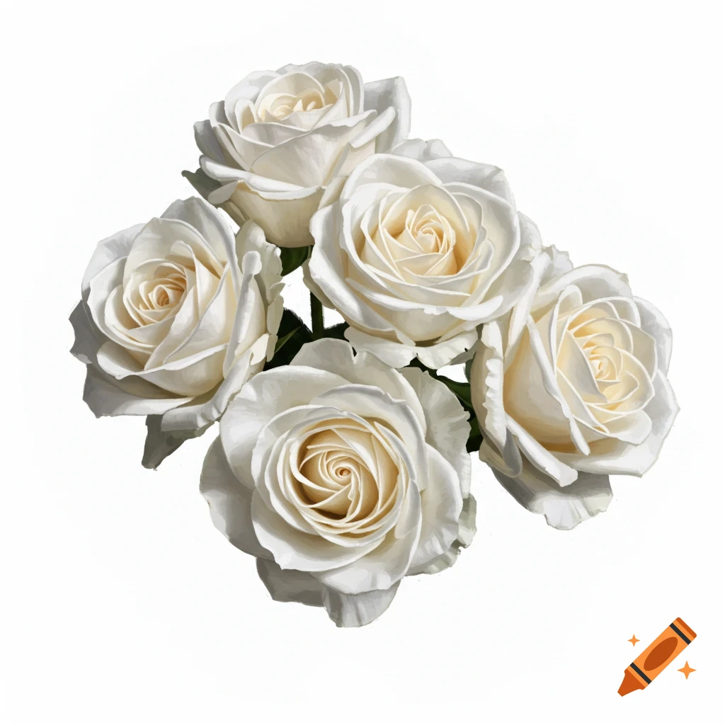 A cluster of white roses on a white background.