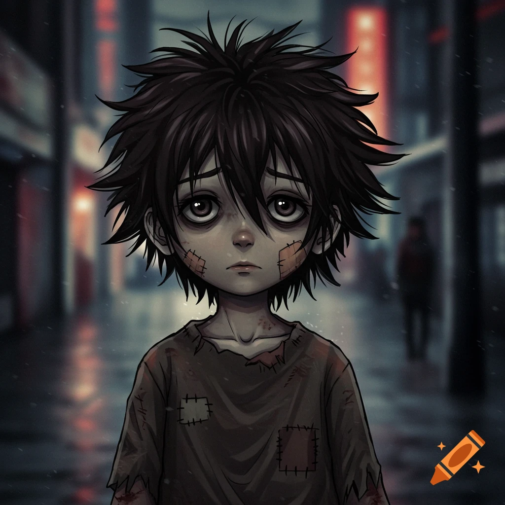Anime illustration of a sad child with patched clothes standing in the rain on a city street.
