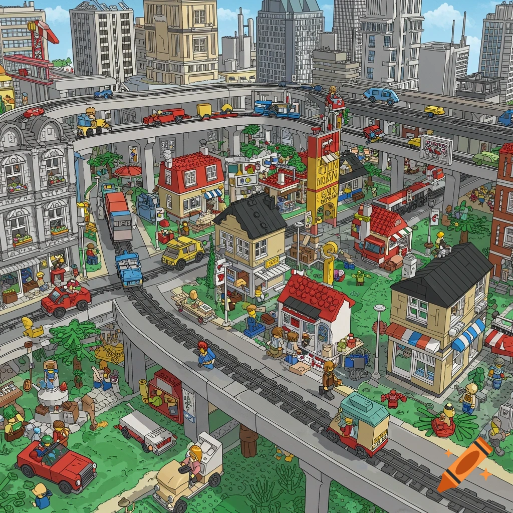 A busy scene of a Lego city with buildings, roads, railway tracks, vehicles, and minifigure-like people.
