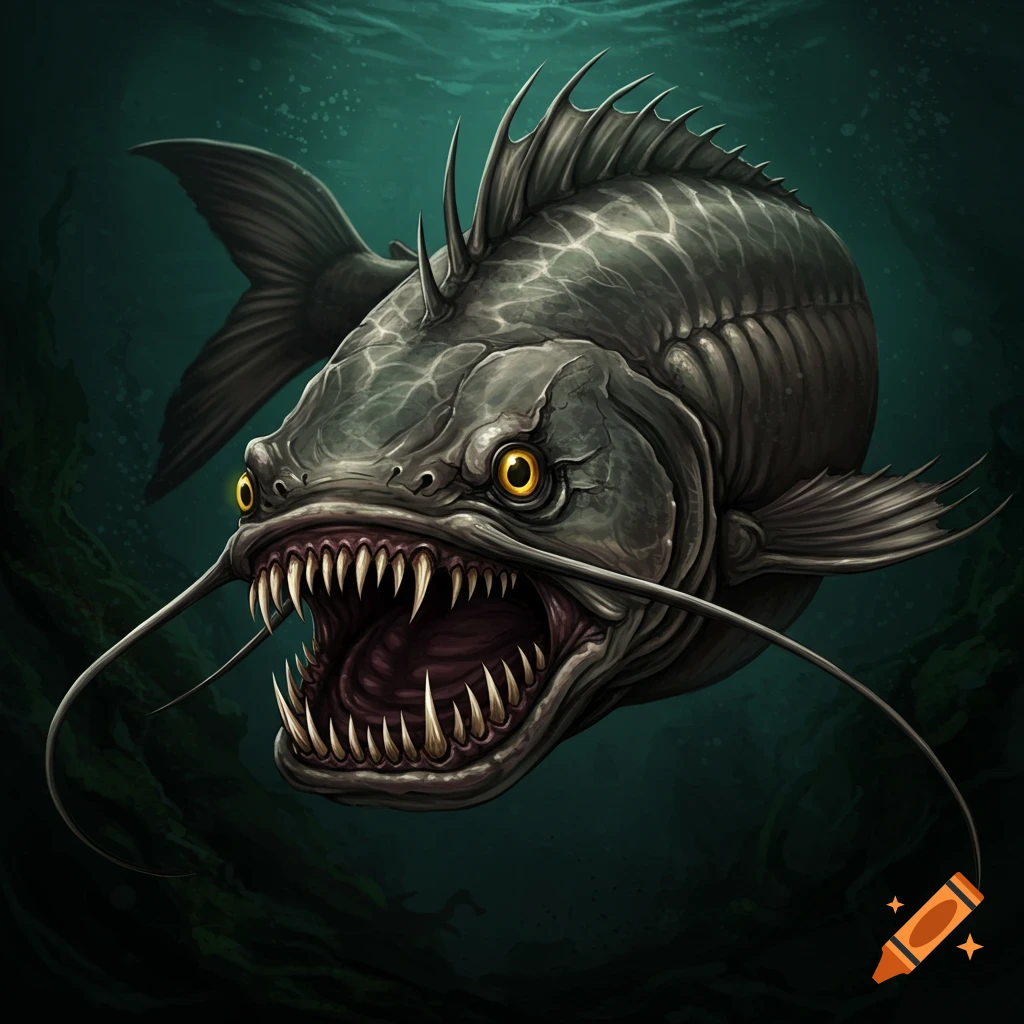 A close-up of a monstrous catfish with sharp teeth and whiskers underwater.
